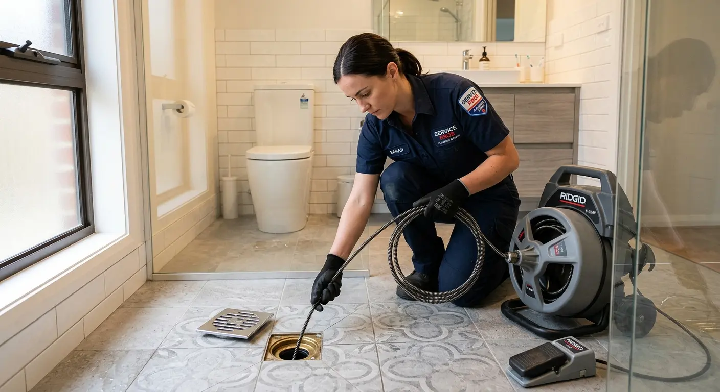 Technician clearing a bathroom floor drain for Drain Cleaning in Clayton